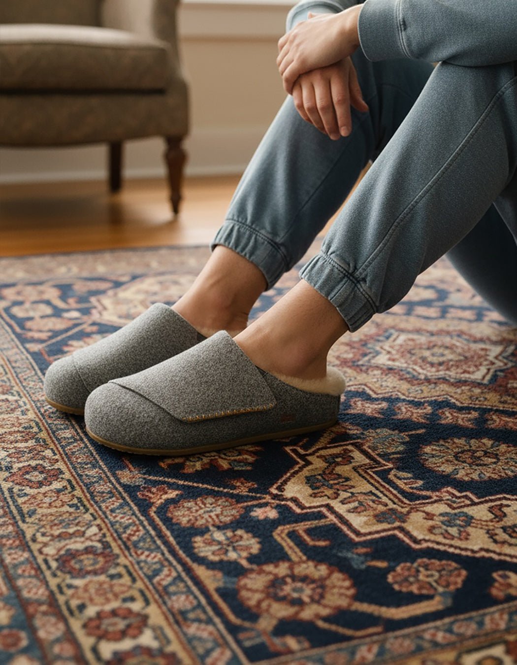 Ollie Mules in Grey Wool with Shearling